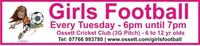 Ossett Girls Football - Every Tuesday 6pm until 7pm at Ossett Cricket Club